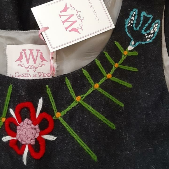 Ethical New Embroidered Wool Pinafore Dress Gray La Casita De Wendy - Picture 3 of 3